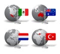 Gray Earth globes with designation of Mexico, Australia, Netherlands and Turkey