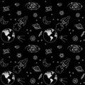 Seamless background with earth, moon, satellites and rocket among different planets, galaxies and stars on a black Royalty Free Stock Photo
