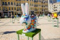 Gray Easter Bunny shape with big ears and colorful ornament on it. Beautiful Easter art decoration .Kyiv Kiev, Ukraine, april 20