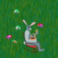 Gray easter rabbit with egg on chair on lawn
