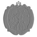 Gray embossing. Raster illustration of portrait cartoon funny woman in oval frame