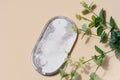 Gray empty decorative plate and green leaf, product and cosmetic display stage, top view