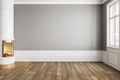 Gray empty interior with fireplace and blank wall.