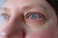 Gray eye with spots on the iris, wrinkles on the eyelids close up, human vision concept, optic nerve health, nervous tic, myopia,