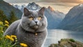 Gray fat cat at calm lake in mountains valley Royalty Free Stock Photo