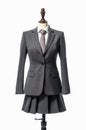 Gray female classic suit made up of jacket and skirt on a mannequin.