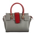 Gray female leather bag with maroon insert and handles