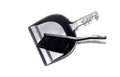 The gray floor sweeper brush and scoop close-up