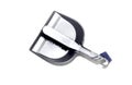 The gray floor sweeper brush and scoop close-up