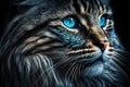 Gray fluffy cat with blue eyes on a black background. Close-up. Royalty Free Stock Photo