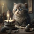 Gray fluffy kitten celebrates a birthday. A piece of cake with a candle on the cake.. copy space