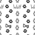 Gray footprint of an animal dog and wolf isolated seamless pattern on white background. Vector