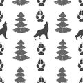 Gray footprint of wolf and forest isolated seamless pattern on white background. Vector