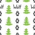 Gray footprint of wolf and forest isolated seamless pattern on white background. Vector