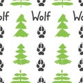 Gray footprint of wolf and forest isolated seamless pattern on white background. Vector