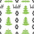 Gray footprint of wolf and forest isolated seamless pattern on white background. Vector