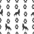 Gray footprint of wolf and silhouette wolf isolated seamless pattern on white background. Vector
