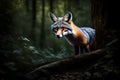 A gray fox, its eyes gleaming in the moonlight, silently hunting along the edge of a shadowy Appalachian forest