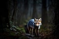 A gray fox, its eyes gleaming in the moonlight, silently hunting along the edge of a shadowy Appalachian forest