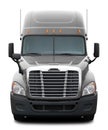 Gray Freightliner Cascadia truck with black plastic bumper.