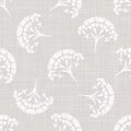 Gray french linen texture background printed with white carnation motif. Natural ecru antique medallion seamless pattern