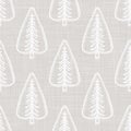 Gray French Linen Texture Background printed with White Winter Fir Tree. Natural Unbleached Ecru Fibre Christmas