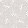 Gray French Linen Texture Background printed with White Winter Leaves. Natural Unbleached Ecru Flax Fibre Seamless