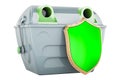 Gray garbage container with shield. 3D rendering Royalty Free Stock Photo