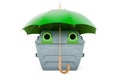 Gray garbage container under umbrella. 3D rendering Royalty Free Stock Photo