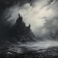 Gray Gothic Seascape Abstract: A Stormy Castle In Monochrome