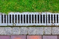 Gray grating of the drainage system for drainage of rainwater in the park. Royalty Free Stock Photo