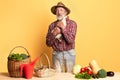 Gray-haired farmer ready to go to agricultural market, prepared harvest on sale Royalty Free Stock Photo