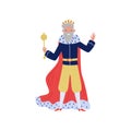 Gray haired king in red ermine mantle standing with scepeter, fairytale or European medieval character vector