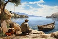 A gray-haired old man in a fishing boat sorts out nets for catching fish. An old seigneur fisherman in the bay catches fish. Royalty Free Stock Photo