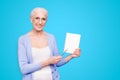 Gray haired old smiling business woman wearing glasses, showing blank page holding paper note book with pen. Isolated Royalty Free Stock Photo