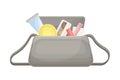 Gray handbag full of typical woman things and accessories as eyeshadow, pills, lipstick, haircomb vector illustration