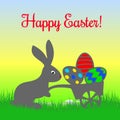 Gray hare with Easter cart with wheels filled with colored Easter eggs, on green grass, cartoon on nature background,