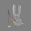 Gray hare fishing. Funny zats with a fishing rod in his hands. Vector illustration. Comics. Coloring for children and