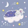 A gray hare under a blue blanket is sleeping on a white cloud on a blue background with stars.