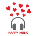 Gray headphones with red heart and word happy music vector