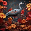 gray heron against a background of orange flowers