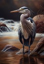 Gray heron, perched on the bank of a river.