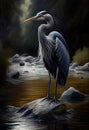 Gray heron, perched on the bank of a river.