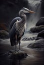 Gray heron, perched on the bank of a river.