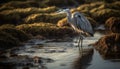 Gray heron standing in tranquil swamp, fishing at sunset