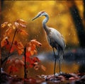 gray heron stands in the rain
