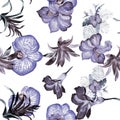 Gray Hibiscus Design. Blue Flower Backdrop. Indigo Watercolor Leaves. Navy Floral Print. Seamless Plant. Pattern Leaves. Tropical