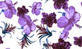 Gray Hibiscus Textile. Purple Flower Illustration. White Seamless Illustration. Watercolor Set. Pattern Illustration. Tropical Lea