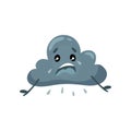 Gray humanized cloud with rain drops. Sad face with tears. Cartoon weather character. Flat vector element for sticker