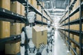 Gray humanoid robot transporting a box in a warehouse setting Royalty Free Stock Photo